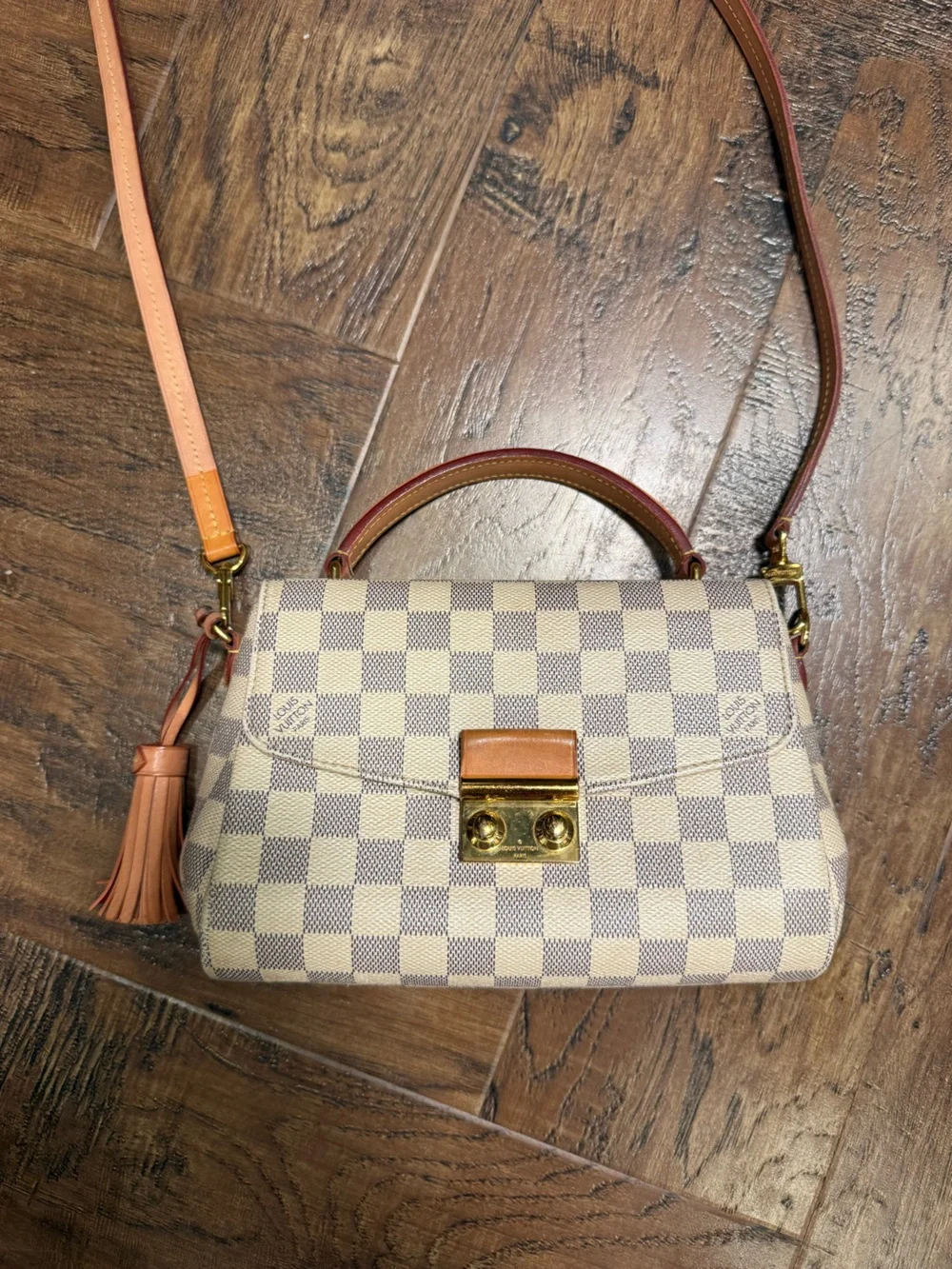 Authentic Louis Vuitton Cream Checkered Shoulder Bag with Brown Trim